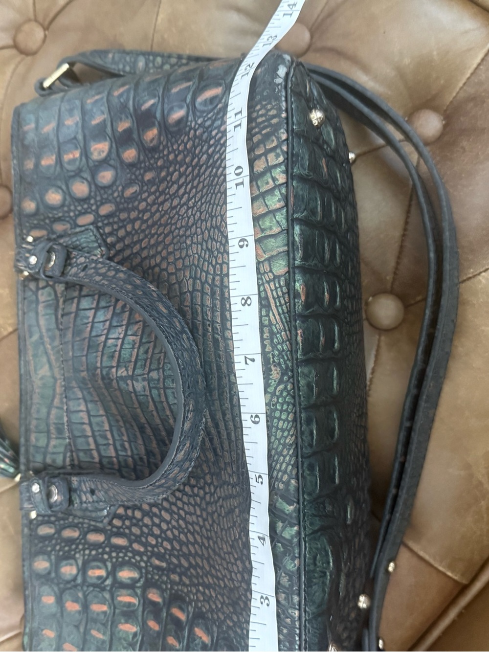 Brahmin Metallic Green Croc Embossed Leather Satchel Crossbody Purse Mini Asher - Picture 6 of 12